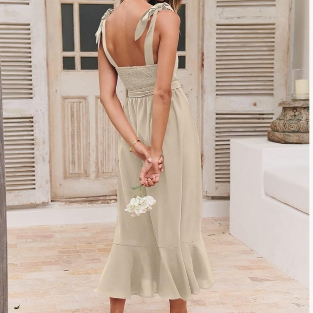 Chic Beige Midi Dress with Tie Waist - Picture 2 of 14